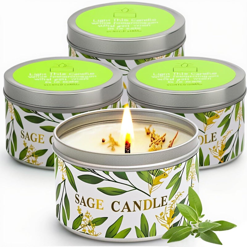 Gisly 4 Pack Sage Candles for Cleansing House Energy Pure White Sage Candle Housewarming Gifts 120 Hour Long Lasting Natural Soy Wax Aromatherapy Candles Scented Candle Gift Set for Women